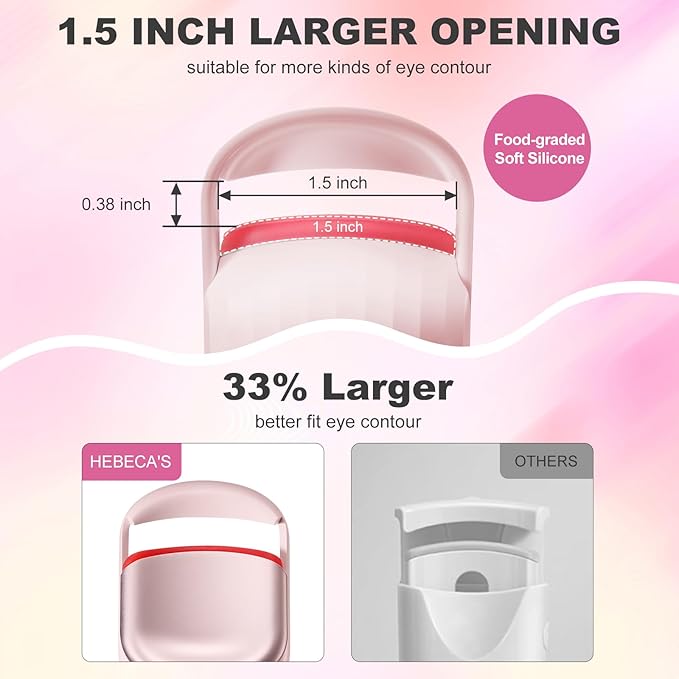 Heated Eyelash Curler Pro, 149F/167F Heat Settings, Food-Grade Silicone Pad, Rechargeable 600mAh Battery (Light Pink)