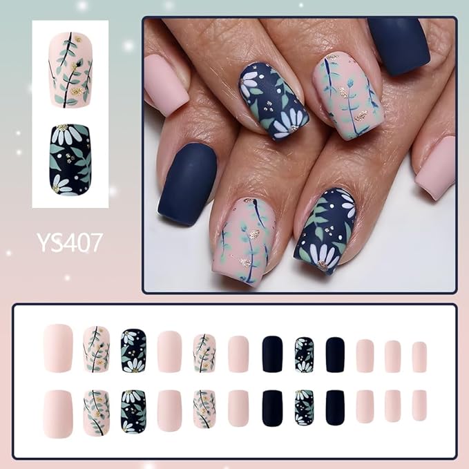 Flower Press on Nails Short Square Fake Nails Matte Spring Summer Glue on Nails with Flower Leaf Designs Acrylic Stick on Nails Reusable Artificial Nails for Women Manicure Decorations 24Pcs