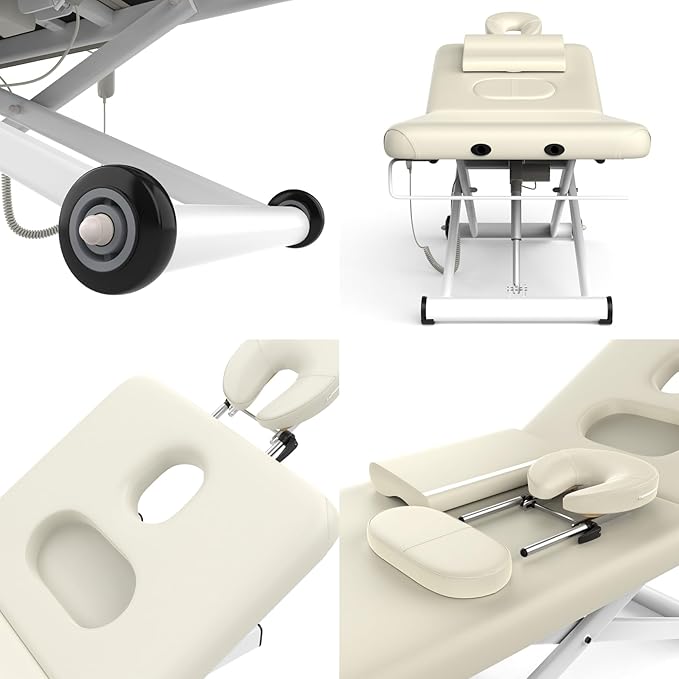 Heavy-Duty Electric Lift Massage Table with Electric Adjustable Backrest and Legs, Wide Physical Therapy Massage Bed with Wheels, Professional Spa Facial Bed, PU Leather, 32'' W × 75'' L