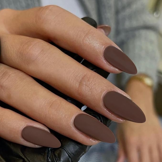 48pcs Matte Brown Press On Nails, Medium Length Almond Shaped, Stiletto False Nails, Dark Medium, Thick Natural Acrylic Gel