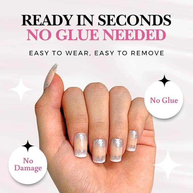 Perfect Look Press On Nails - Sparkle | No Glue One-Day Short Square Fake Nails, Nude Nails with Silver Glitter Tips - 24 Pcs Nail Kit with Adhesive Tabs