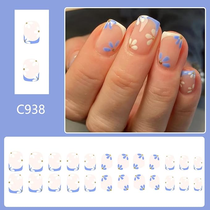 Flower Press on Nails Short Square Fake Nails French Tip False Nails Full Cover Glossy Acrylic Glue on Nails Spring Summer Cute Daisy Stick on Nails Nude Aritificial Nails for Women Manicure 24 Pcs