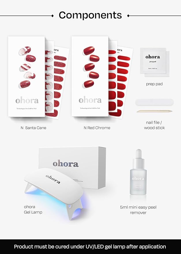 ohora Semi Cured Gel Nail Strips ([2025 Christmas Set] N Santa Cane & N Red Chrome) - Works with Any Lamps, Salon-Quality, Long Lasting, Easy to Apply & Remove