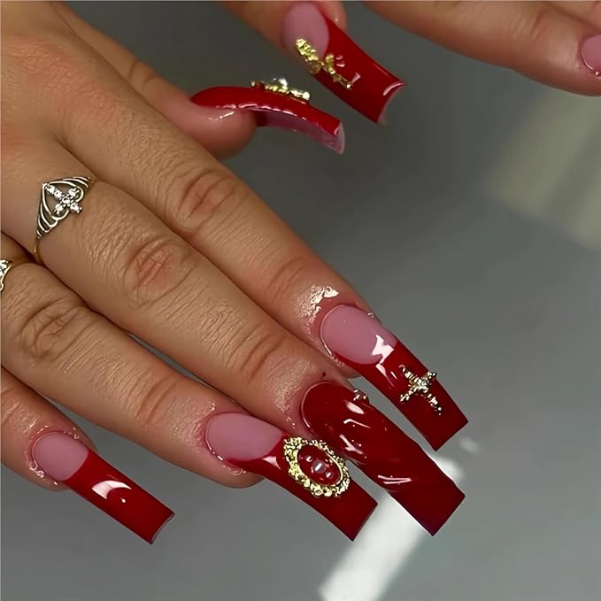 BABALAL Curved Press on Nails Extra Long Square Fake Nails Ruby Red Glue on Gothic Cross Rose Gold Charm Luxury Handmade Acrylic Women Reusable 3d Stick on 20PCS Custom DIY