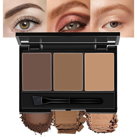 Brow Powder Kit with Mirror – Long-Lasting 3-Color Brow Filler for Full, Defined Natural Brows, Contour Palette with Double-Ended Brush, sombra para cejas (01)