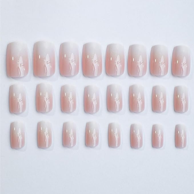 Medium Square Press on Nails Nude Fake Nails with Glossy Designs Full Cover Stick on Nails Gradient Nude Pink Coffin False Nails Acrylic Salon Manicure Reusable Glue on Nails for Women 24pcs
