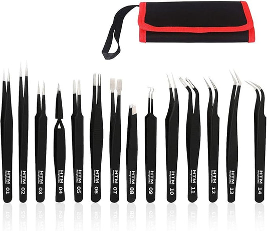 HengTianMei Precision Tweezers Set, ESD Anti-Static Stainless Steel Tweezers Set for Craft, Jewelry, Electronics, Laboratory Work (14 PCS)