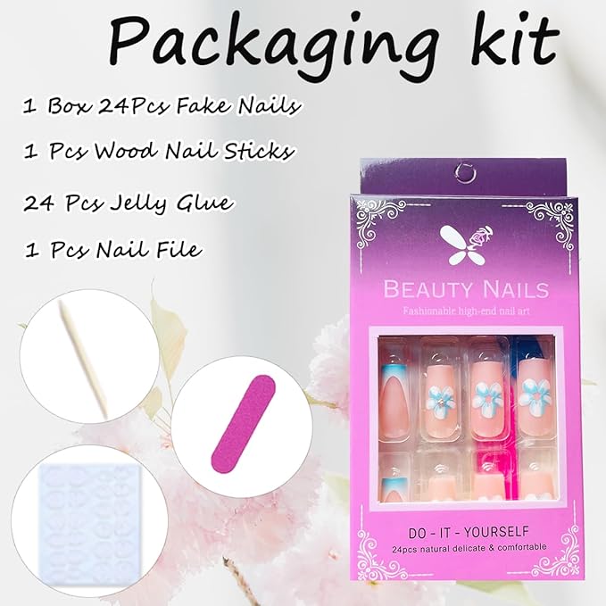 Coffin Press on Nails Medium Square Fake Nails with Cute Floral Design Full Cover Spring Stick on Nails Ripple French Tip False Nails Glossy Acrylic Nails for Women Girls Manicure Salon 24Pcs