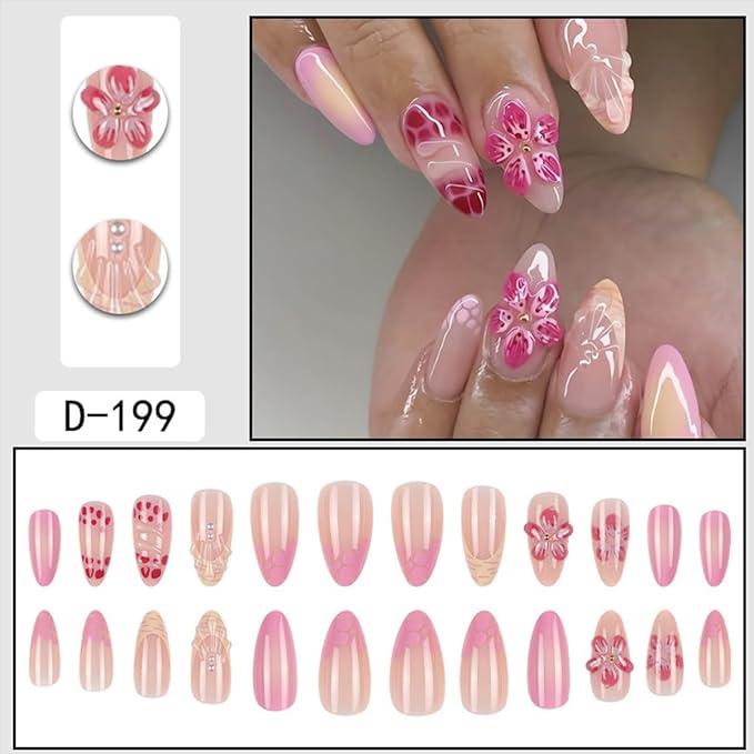 Short Press on Nails Almond Nails Tips Autumn Fake Nails French Tip Glue on Nails Nude Gloss Acrylic Nail Reusable 3D Flower Stick on Nail Full Cover False Nail for Women Manicure Accessories 24Pcs