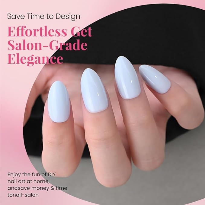 evpct Sky Blue Press on Nails Almond Short, Glossy Short Almond Fake Nails Kit for Women, Soft Gel Press On Nail with Nail Glue, 15 Sizes 30Pcs Reusable Stick on Acrylic Fake False Nail Manicure Set