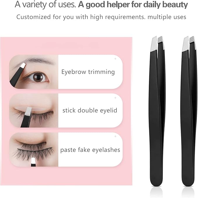 Tweezers Set, High Precision Stainless Steel Eyebrow Tweezers for Facial Hair, Inward Growing Hair and Splinter Remover Kit, Suitable for Women and Men, 4-Piece Set. (Black)