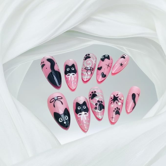 24Pcs Pink Press on Nails Medium Almond Halloween Fake Nails Cute Cat Black Bow False Nails with 3D Gems Designs Glossy Full Cover Glue on Nails Artificial Acrylic Stick on Nail for Women Girls DIY