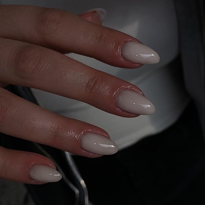 Beige Short Almond Fake Nails Press ons, Thick Solid Color Glue on Nails Short False Nails, Medium Almond Oval Round Shaped Nails for Women, 24Pcs Natural Acrylic Gel Nails