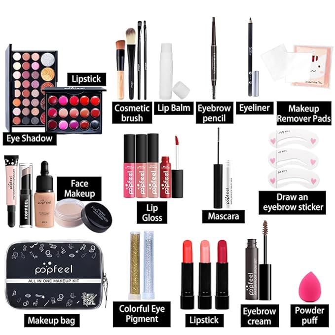 All In One Makeup Kit for Women Full Gift Surprise Makeup Set Includes Makeup Brush Set Eyeshadow Palette, Lip Gloss Set, Liquid Lipstick, Makeup Sponge, Foundation, Concealer, Eyebrow Pencil, Blush and etc (KIT004)