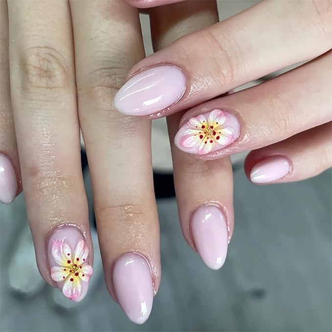 Light Pink Short Press On Nails Almond, Cute Fake Nails with 3D Floral Blossom Detail, Glossy Gel Finish Acrylic Nails, Thick Reusable Glue On Nails Kit for Women, 24Pcs