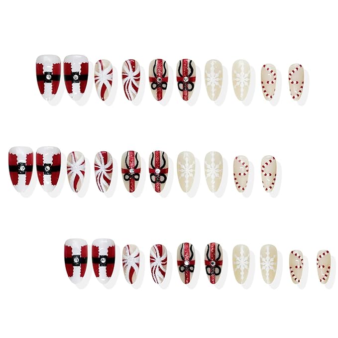30Pcs Christmas Press on Nails Almond Fake Nails with Santa Claus Gift Designs Snowflake Candy Cane False Nails Red White Stripes Artificial Glue on Nail Holiday Stick on Nail for Women