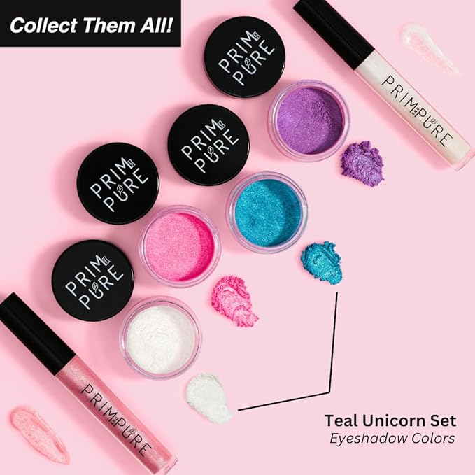 Prim and Pure Mineral Gift Set with Unicorn Mirror| Perfect for Play Dates & Birthday Parties | Kids Eyeshadow Makeup – Mineral Blush | Organic & Natural Makeup Kit for Kids| Made in USA (Blue)