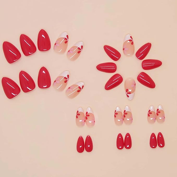 French Press on Nails Removable Almond Short Glue on Nails Rose Red Full Coverage False Nails with Designs Flower Easy to Use For Daily and Party Stick on Nails 24 Pcs