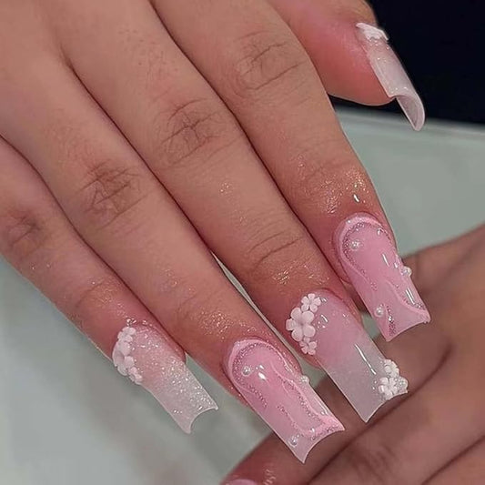 Press on Nails Medium Long Pearl Gradient Pink Fake Nails Square Bling Glossy 3D Flower False Nail Tips Artificial Nails Finger Manicure for Women and Girls,24pcs