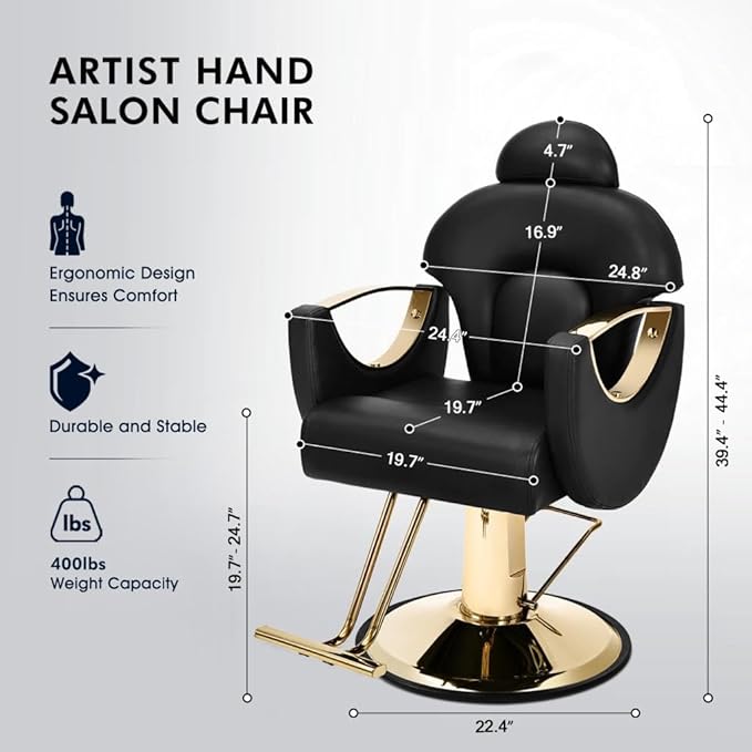 Artist hand Reclining Salon Chair Heavy Duty Barber Chair, Oversized Hydraulic Pump Hair Salon Chair 360 Degree Swivel for Hair Stylist, Beauty Spa Equipment Max Load 400 LBS, Black and Gold