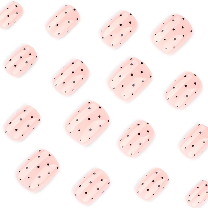 Soft Pink Short Press On Nails Square, Cute Fake Nails with Black Polka Dot Detail, Glossy Gel Finish Acrylic Nails, Daily/Party Reusable Glue On Nails Kit for Women, 24Pcs