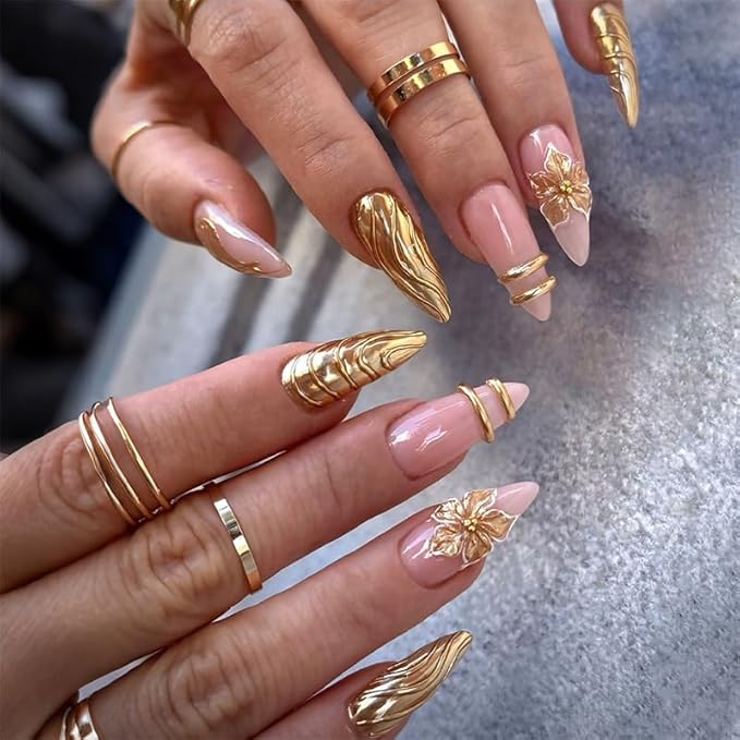 Long Almond Shape Press on Nails Pink Gold Luxury Fake Nails Nude Stick on Nail for Women 24pcs