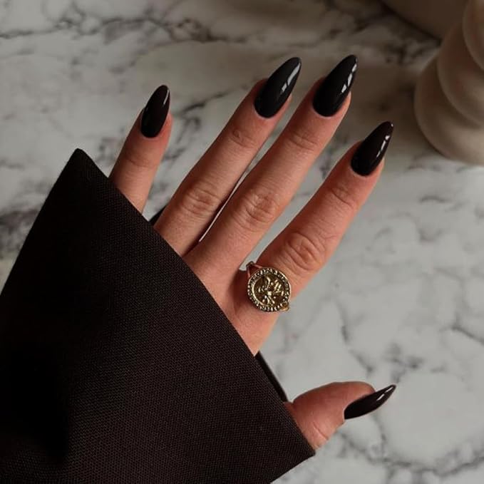 48Pcs Black Press On Almond Shaped Nails - Medium Length, Stiletto, Thick Natural Acrylic Gel Finish