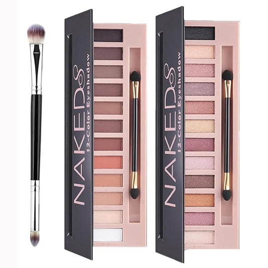 12 Colors Makeup Eyeshadow Palette*2 Pack, Natural Nude Matte & Shimmer Eye Shadow Palette and eyeshadow brush Set,Waterproof Smokey Professional Cosmetic Beauty Kit