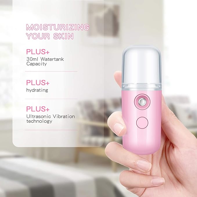 Honoson 2 Nano Facial Mister Sprayer Portable Face Nano Mister for Eyelash Extensions USB Rechargeable 1 oz Handy Skin Care Machine for Face Hydrating, Daily Makeup(Pink)