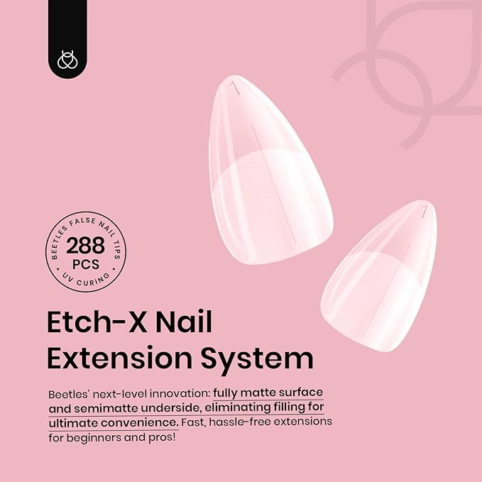 Beetles Short Almond Nail Tips - 288PCS 12 Sizes Full Matte Cover Pre-Etched & Pre-Shaped Soft Gel False Nail Tips Acrylic Nail Tips Nail Extension Tips for Gel Polish DIY Manicure