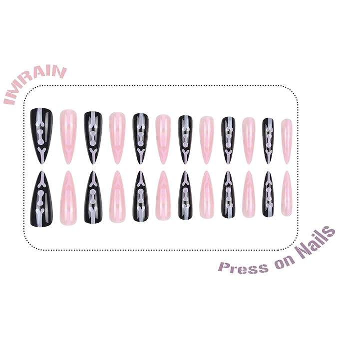 IMRAIN Press On Stiletto Fake Pink Black Glossy Glue on Nails - Full Cover Artificial False Nails with Skull Designs Halloween 24 Pcs Stick Ons