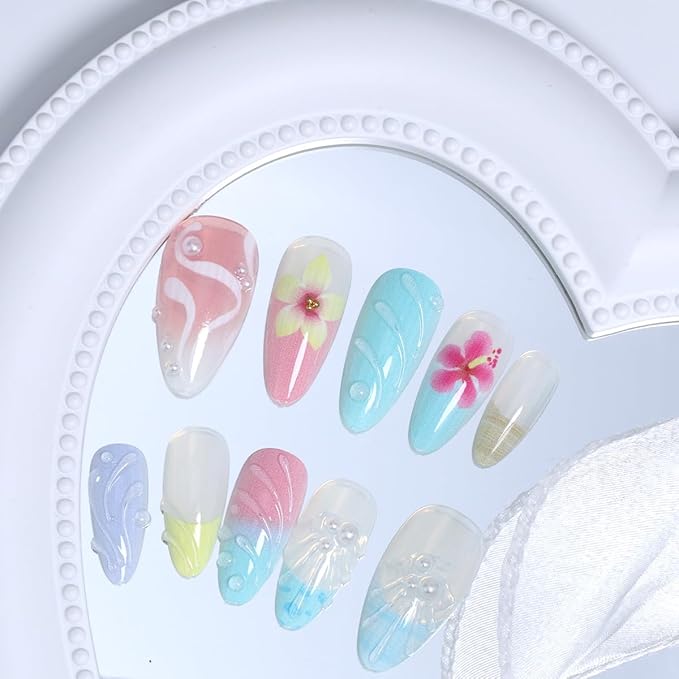 30Pcs Summer Press on Nails Medium Almond Fake Nails Ocean Pearl Full Cover Colorful Starfish Shell with Strawberry Cute Designs Glue on Nails Beach False Nails Stick on Nail for Women Acrylic