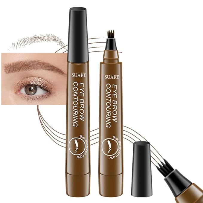 evpct 2Pcs Medium Brown Magic Microblading Eyebrow Contouring Pen Pencil, 4 Tipped Precise Eye Brow Contouring Pen with Sponge Micro-Fork Tips Applicator, Creates Natural Looking Brows Eyebrow