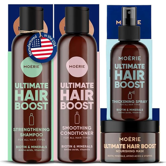 Moerie Shampoo and Conditioner Plus Hair Mask and Spray Mega Pack – The Ultimate Growth Care – For Longer, Thicker, Fuller Hair - Volumizing Products – Paraben & Silicone Free - 4 items