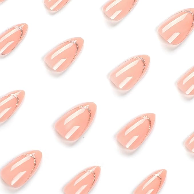 Medium Almond Press on Nails Nude Nature Fake Nails French Tip False Nails with Designs Gold Line Glue on Nails Glossy Full Cover Acrylic Nails Solid Color Stick on Nails for Women 24 Pcs