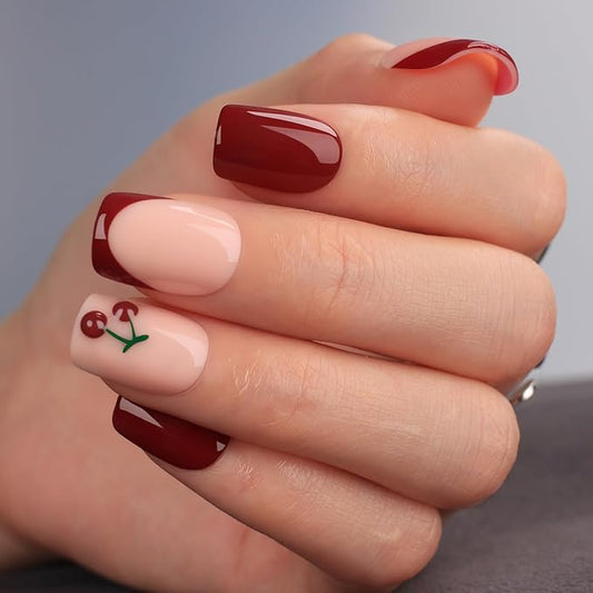 Cherry Press On Nails Short Square Shape – Glossy French Tip Fake Nails with 3D Cherry Design, 30PCS Reusable Acrylic Stick On Nails with Glue Kit, Cute Red & Pink False Nails for Women