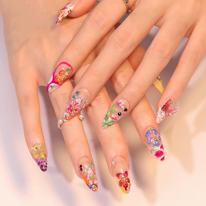 24Pcs Medium Almond Acrylic Flower Press-on False Nails with 3D Colorful Butterfly Gems Design, Glossy Finish, Full Cover, Summer Stick-on Nails for Women