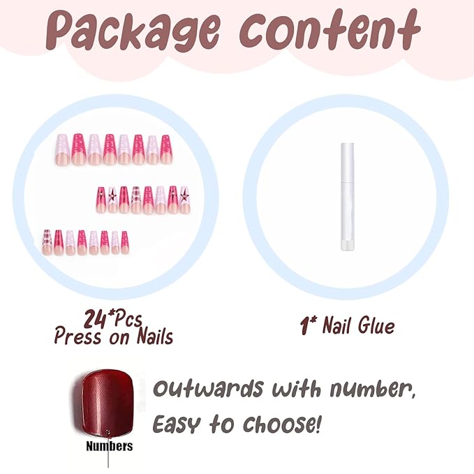BABALAL Pink Star Press on Nails Long Coffin Fake Nails French Tip Glue on Nails Acrylic Nails 3d Texture Water Wave Design Y2k Stick on False Nails 24Pcs Ballerina Nails Press on