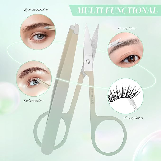 6 PCS Tweezers Set for Women, Eyebrow Tweezers Set with Curved Scissor for Ingrown Hair, Plucking Daily Beauty Tool with Leather Travel Case for Gifts (Gradient Green)