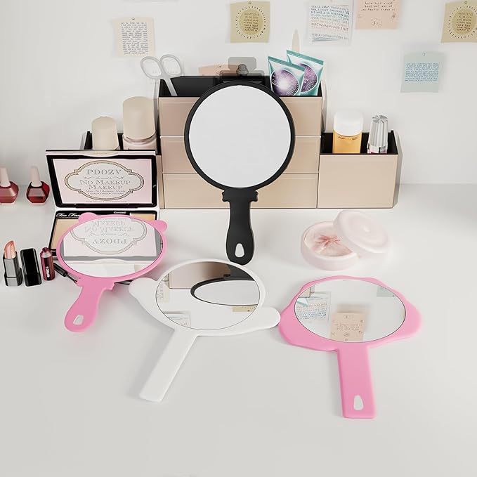 2 Pcs Compact Hand Mirror – High Definition Glass, Big Men or Women Barber Hand Mirrors with Handle, Mini Mirror for Personal Purse Pocket Travel and Gift(Black, 5.91" L x 9.84" W (Cat Ears))