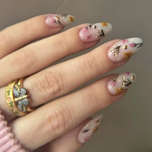 24Pcs Flower Press on Nails Medium Almond Fake Nails with White Pink Flower Fallen Leaves Design Full Cover Artificial Glue on Nails Cute False Nails Spring Stick on Nails Nude Nail Supplies for Women