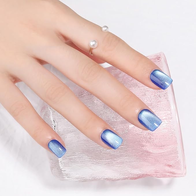 Blue Press on Nails Short Square Ice Blue Cat Eye Press on Nails Fashion Gel Fake Nails Reusable Acrylic Fake Nails Glossy Stick on Nails for Women Girls Gift Glue on Nails Kit