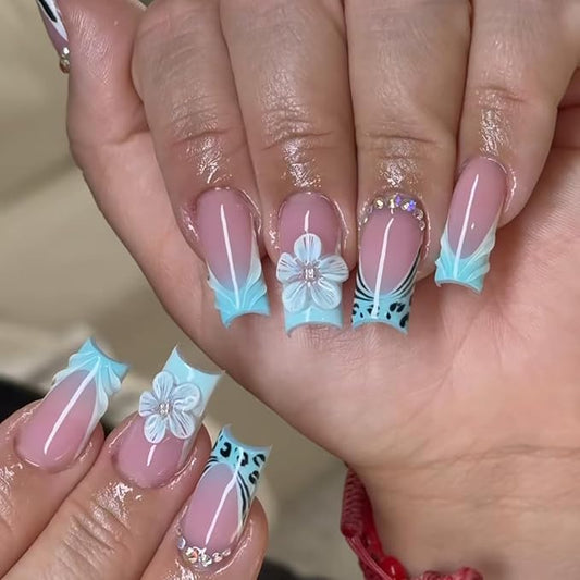 24Pcs Blue French Tip Press on Nails Medium Square Summer Flower Fake Nails 3D Floral with Rhinestones Full Cover Tips Glue on Nails Pink Nails Stick on Nails Cute False Nails for Women Acrylic Nails