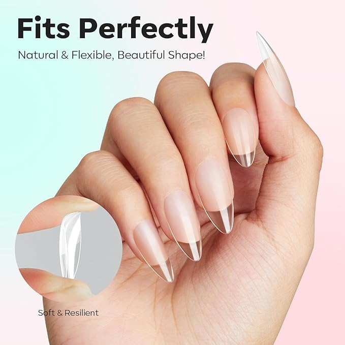 Modelones Pointed Almond Fake Nail Tips - 510Pcs Medium Gel Tips Pre-shaped Half Matte Full Cover Clear Acrylic Gel Kit False Press on Nails for Extension DIY Salon 15Sizes