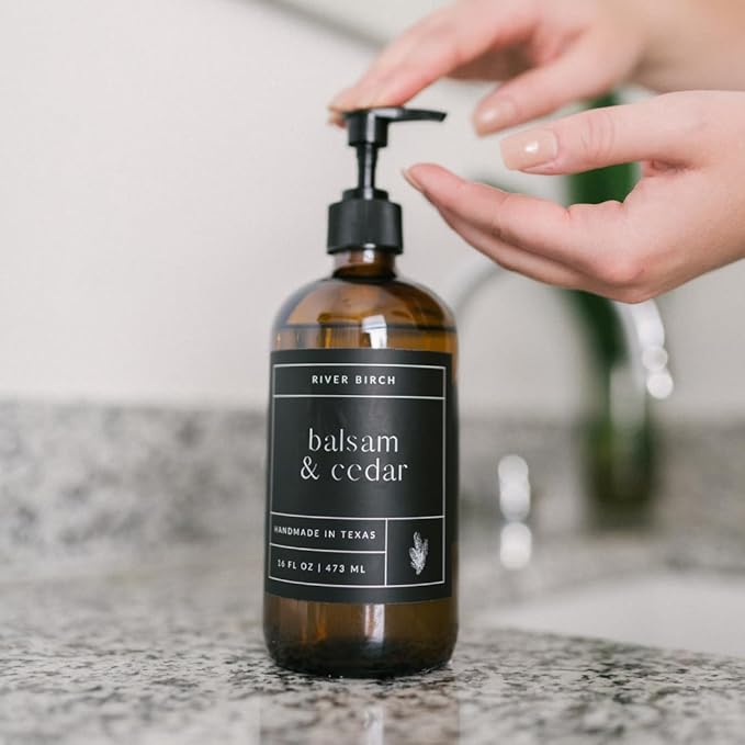 River Birch Balsam & Cedar Scented Natural Hand Soap -Handmade -Moisturizing Hand Wash with Amber Glass Dispenser - Luxury Scented Hydrating Hand Soap - Vegan and Non-Toxic -16 Fl Oz