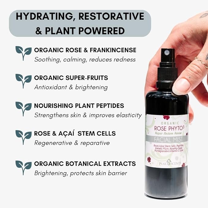 Organic & Vegan Rose Phyto³ Water Facial Spray - Moisturizing Face Mist & Setting Spray, Soothing, Hydrating Mist Rose Water For Face - Great for Facial Massaging (4 oz)