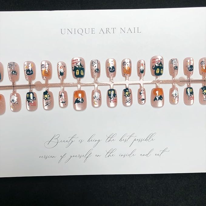 30Pcs Cute Cat Press on Nails Short Halloween Fake Nails with Goth Spider Web Pumpkin Bat Ghost Designs Pink Cat False Nails Full Cover Artificial Glue on Nails Star Stick on Nails for Women DIY