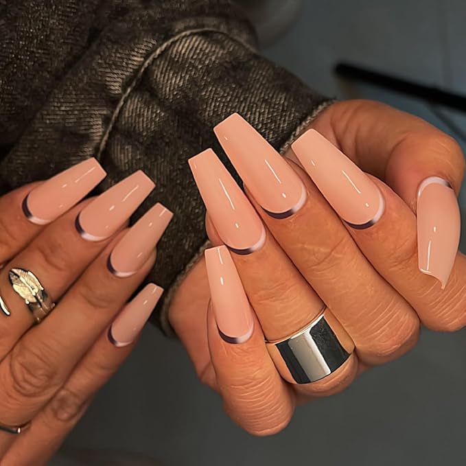 Yivaiks Pink Press on French Tip Nails Coffin Nails Press ons Fake Nails with Glue on Nails Acrylic Stick on False Nail Tips Kit 24pcs