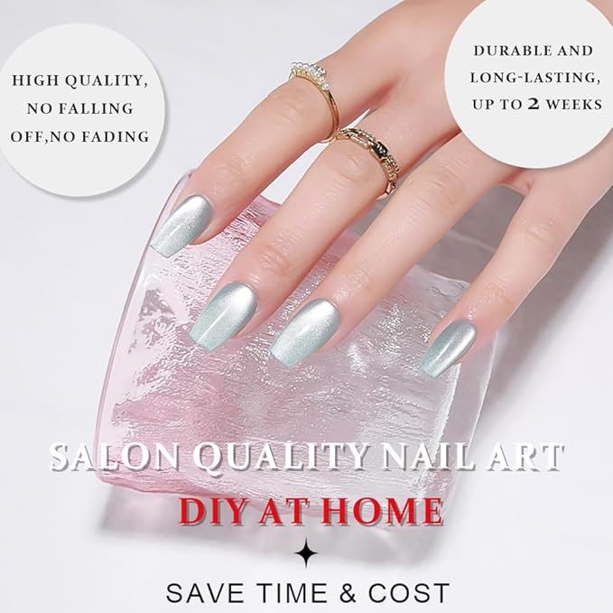 evpct Cat Eye Coffin Press on Nails Square Medium, Glue on Nails Medium Square for Women Gift, Teal Light Blue Green Metallic Glitter Glossy Gel Reusable Stick Acrylic Fake Press on Nail with Designs