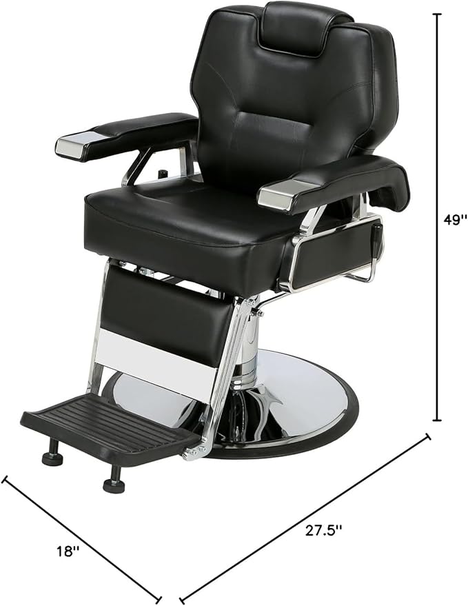 Buy-Rite K.O. Professional Barber Chair - Fully Reclining Hydraulic Barbering Chair with 360° Swivel, Adjustable Headrest, Extra-Wide Seat & 28" Chrome Base for Barbershops, SY-31307